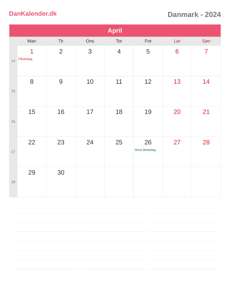 Kalender 2024 April