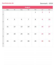 Kalender 2025 August