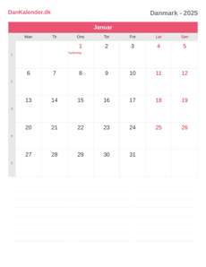 Kalender 2025 Januar