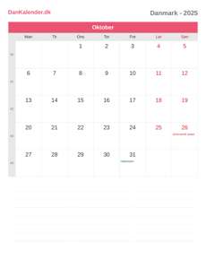 Kalender 2025 Oktober