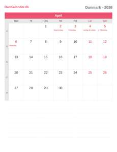 Kalender 2026 April