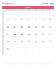 Kalender 2026 August