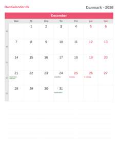 Kalender 2026 December