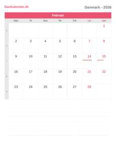 Kalender 2026 Februar
