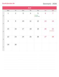 Kalender 2026 Juni