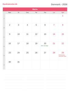 Kalender 2026 Marts