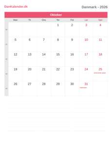 Kalender 2026 Oktober