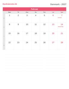Kalender 2027 Februar