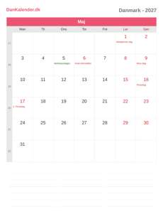Kalender 2027 Maj