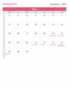 Kalender 2027 Marts