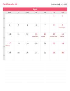 Kalender 2028 April