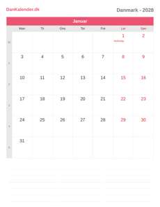 Kalender 2028 Januar
