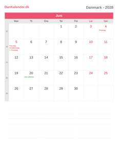 Kalender 2028 Juni