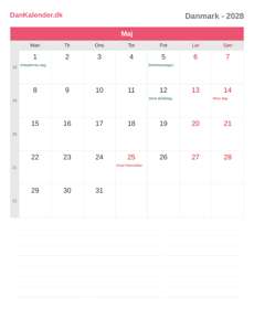 Kalender 2028 Maj