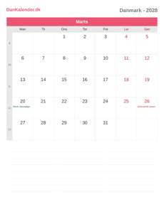 Kalender 2028 Marts
