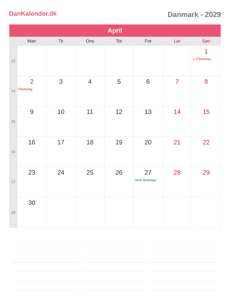 Kalender 2029 April