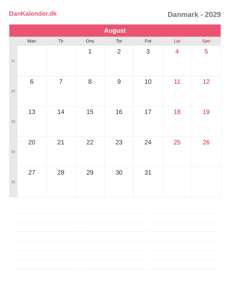 Kalender 2029 August