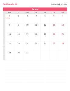 Kalender 2029 Januar
