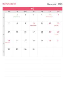 Kalender 2029 Maj
