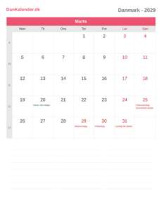 Kalender 2029 Marts