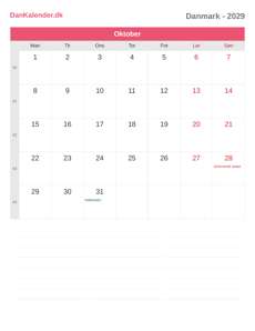 Kalender 2029 Oktober